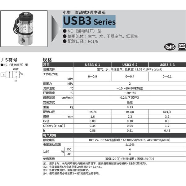 CKD喜開理多種流體小型直動式2通電磁閥USB3-6-2-V-DC12V
