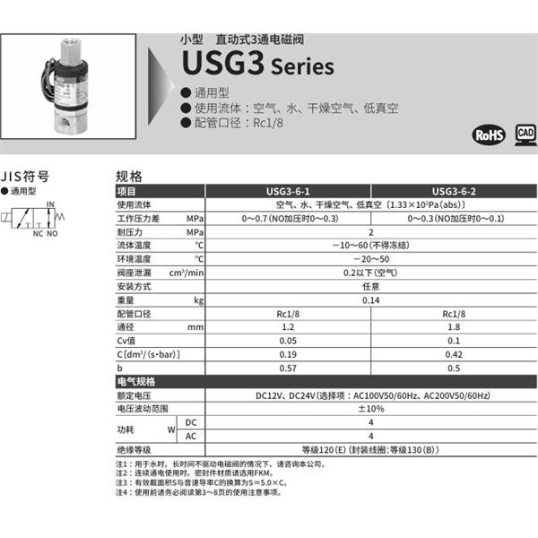 CKD喜開理多種流體小型直動(dòng)式2通電磁閥USG3-6-1-D-AC200V
