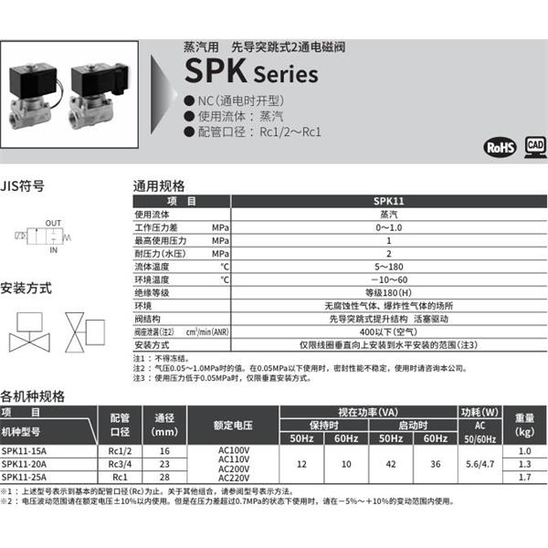 CKD喜開理蒸汽用先導(dǎo)突跳式2通電磁閥SPK11-20A-C4A-AC100V