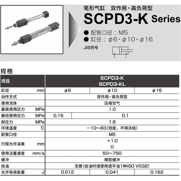 CKD喜開理筆形氣缸SCPD3-KL-FA-16-250-O-T5V-T-B2