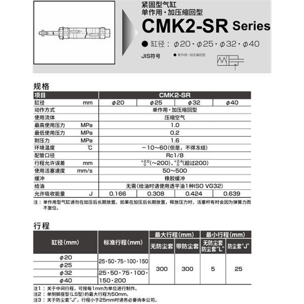 CKD喜開理緊固型氣缸 CMK2-SR-00-25-100-T0H-R-JI