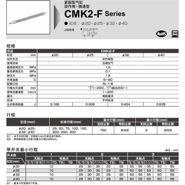 CKD喜開理緊固型氣缸CMK2-F-TB-20-100-T0H-R-MI