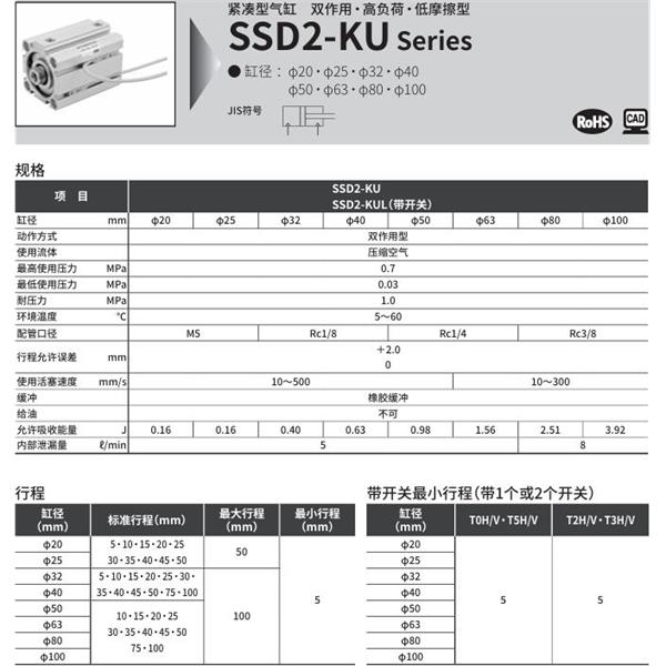 CKD喜開理緊湊型氣缸SSD2-KU-50-10-N-LB-I