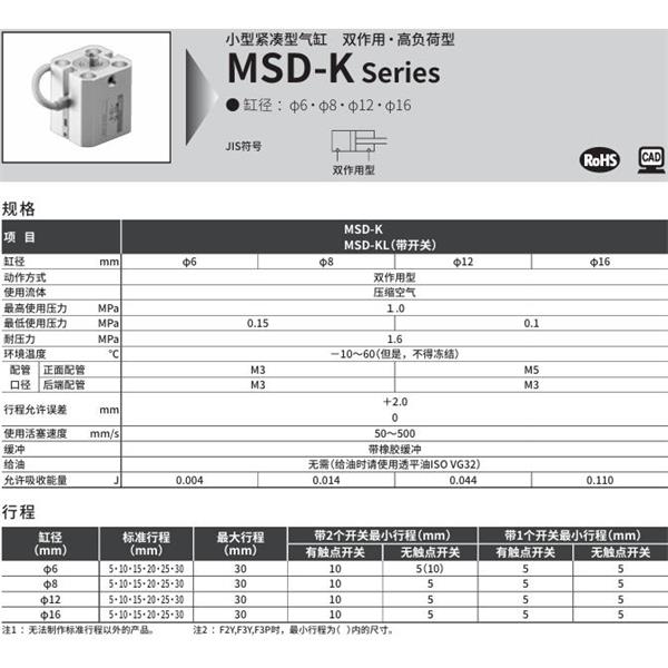 CKD喜開理小型緊湊型氣缸MSD-K-8-20-R