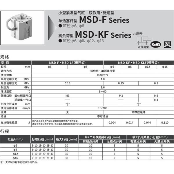 CKD喜開理小型緊湊型氣缸MSD-LF-6-10-F2V-R