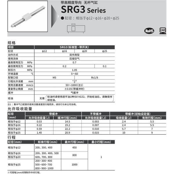 CKD喜開理高精度導(dǎo)軌超級無桿氣缸SRG3-LB1-20R-200-M0H-R-A