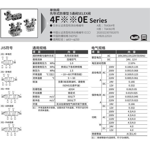 CKD喜開理先導式防爆型5通閥4F720E-20-TP-P-X-AC100V